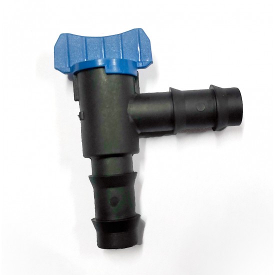 Elbow barbed connector with valve / 16 mm